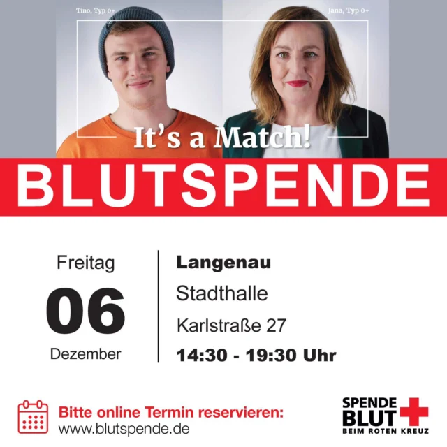 Blutspende 06.12.2024 

Die Blutspende 2024 geht in eine letzte Runde! 
Diesmal wieder mit Feuerwurst vom Grill, Lebkuchen und Kinderpunsch, sowie Livemusik mit Special Guest und und und, lasst euch das auf keinen Fall entgehen und reserviert euch gleich einen Termin! 

#albeck #drk #drklangenau #gemeinsamfürlangenau #ehrenamt #langenau #hörvelsingen #göttingen #ehrenamtverbindet #ortsvereinlangenau #erstwennsfehltfälltsauf #blutspende #blutspendenrettetleben